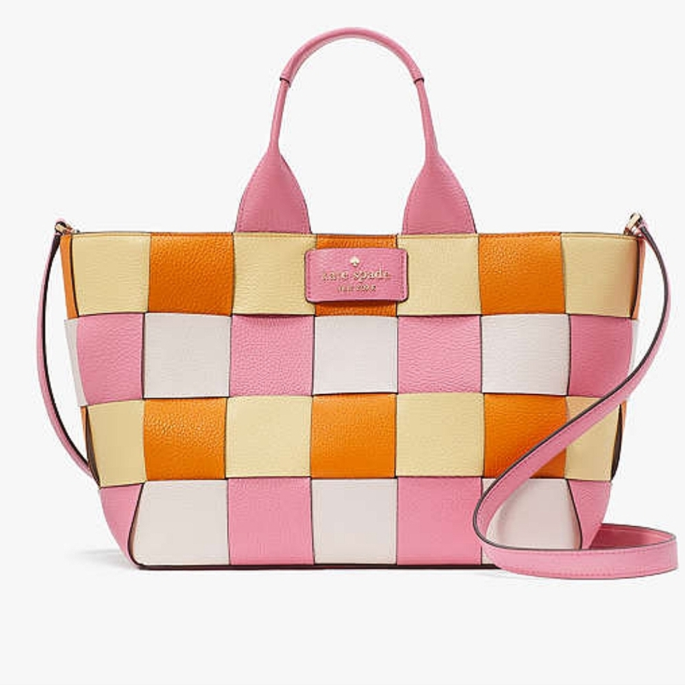 Kate Spade Colorful Basket Woven Leather Tote Bag White Pink Yellow Orange NEW